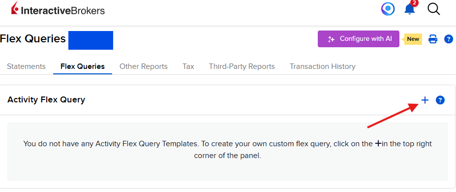 עמוד Flex Queries ב-IBKR, חץ מצביע על כפתור הפלוס שליד Activity Flex Query