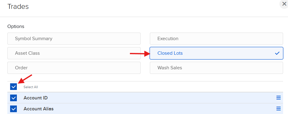 חלון Trades עם Closed Lots מסומן ו-Select All מסומן, חצים אדומים מצביעים עליהם