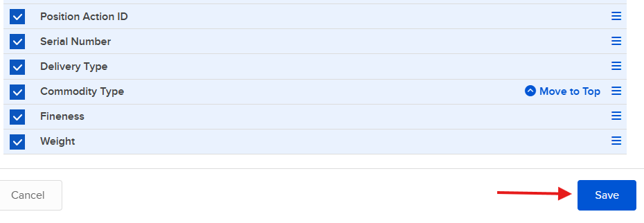 תחתית חלון Trades עם חץ אדום שמצביע על כפתור Save