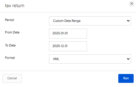 חלון ההרצה: Custom Date Range עם תאריכי התחלה וסיום ופורמט XML